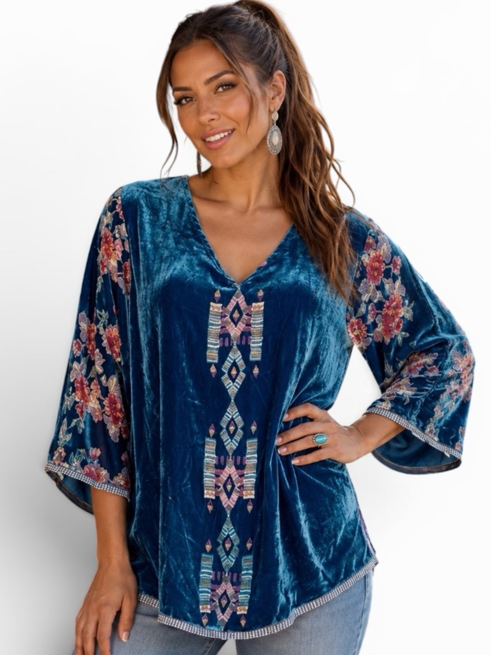 Johnny Was Fabiana Aztec silk velvet Burnout tunic NWT